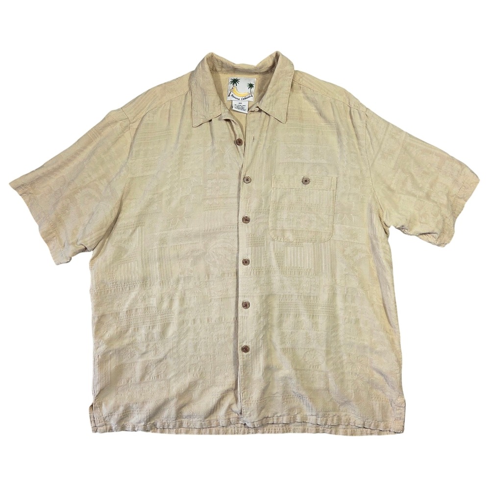 Banana Cabana Mens XL 100% Silk Short Sleeve Tropical Jacquard Button Down Shirt